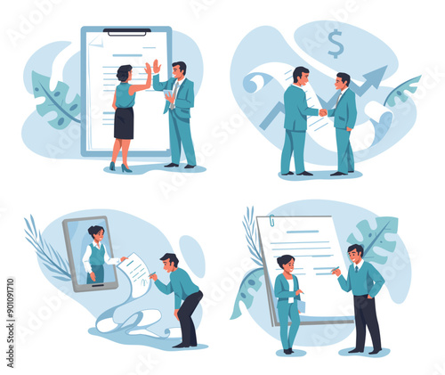 Contract signature. Partners signing documents. Businessman negotiation. Business agreement. People handshaking. Successful deal. Electronic legal consultations. Vector concepts set