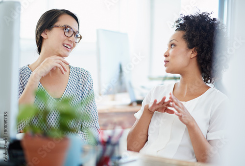 Ideas, support and women in sustainable office for project partnership conversation at digital agency. Teamwork, plants and business people consulting for opinion, chat or eco friendly design advice