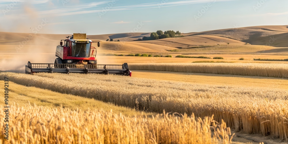 Obraz premium Harvesting Wheat Field with Golden Crop on Autumn Day in North Dakota AI-Generated Content, north dakota