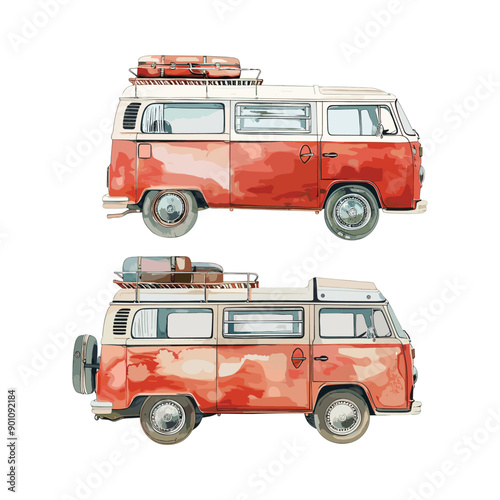 Two watercolor illustrations of vintage red camper vans.