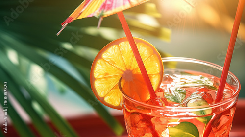 Detail of a colorful tropical drink with a paper umbrella photo