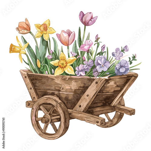 Wooden wheelbarrow with colorful spring flowers.