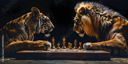 A tiger and lion engaged in a strategic game of chess, symbolizing intelligence and rivalry in a surreal, artistic setting. photo