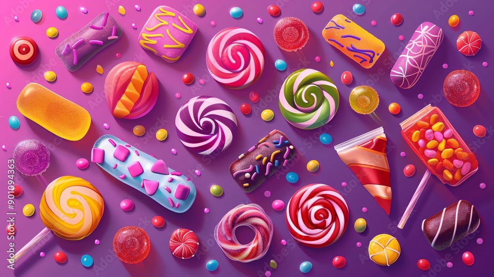 Fototapeta premium A variety of colorful candies and sweets arranged on a purple background.