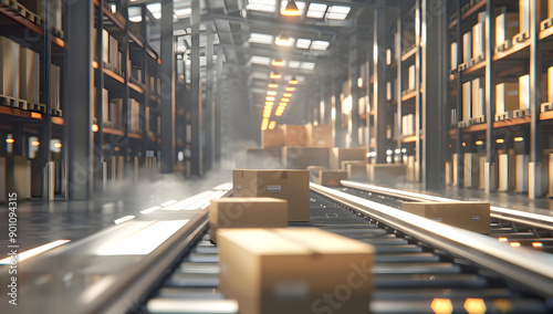 Automated warehouse interior with conveyor belts transporting cardboard boxes and shelves stacked with products.