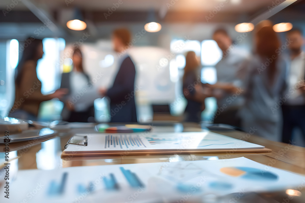 Business team collaboration and brainstorming in modern office. Focus on documents with charts and graphs. Background people out of focus. Business team collaboration and brainstorming in modern office. Focus on documents with charts and graphs. Background people out of focus.