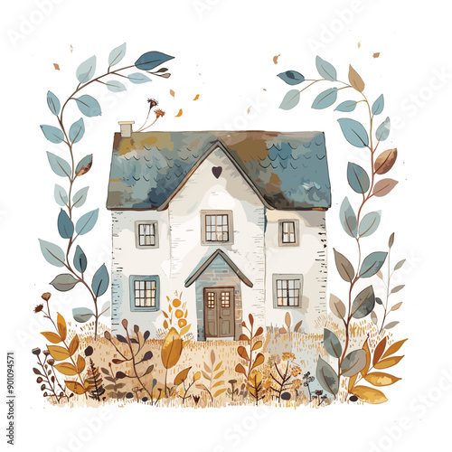 Watercolor illustration of a white house with a brown door and a heart on the roof.
