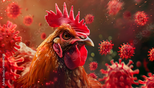 Close-up of a rooster surrounded by red virus particles, highlighting the concept of avian flu or virus spread among birds.