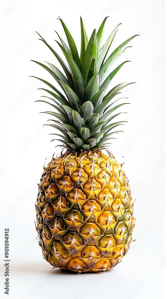 Fototapeta premium A ripe pineapple with green leaves isolated on a white background.