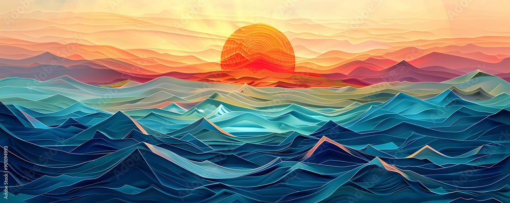 Fototapeta premium Colorful abstract artwork of a sunset over a layered ocean landscape, showcasing vibrant hues and artistic textures.