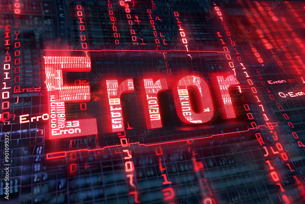 Digital representation of a technical error with red code and data matrix on a screen, signifying a system malfunction or cyber issue. Digital representation of a technical error with red code and data matrix on a screen, signifying a system malfunction or cyber issue.