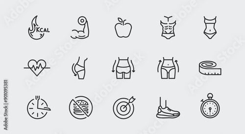 Fitness, nutrition and body measurements icons. Large set of fitness, nutrition, body measurements trendy minimal icons. Design signs for web page, mobile app, packaging design. Vector illustration