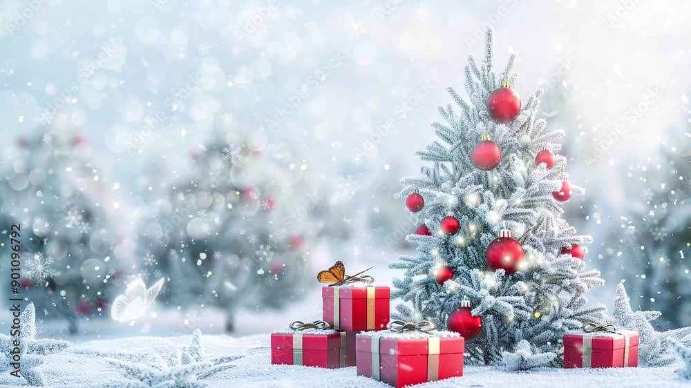 snowy christmas tree with red ornaments and presents seamless looping overlay 4k virtual video animation background