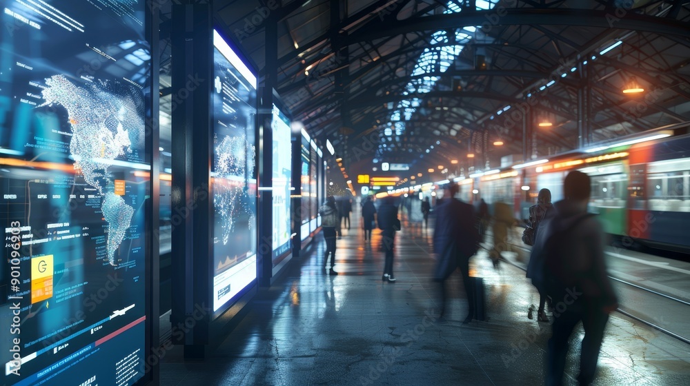 Dynamic Urban Connectivity Transit Hub with Interactive Screens and Blurred Trains in Motion Dynamic Urban Connectivity Transit Hub with Interactive Screens and Blurred Trains in Motion
