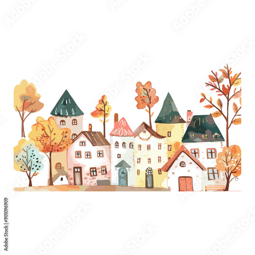 Watercolor painting of a quaint town with autumn trees.
