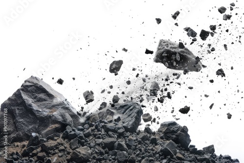 A pile of rocks and debris with smaller rocks flying up and out