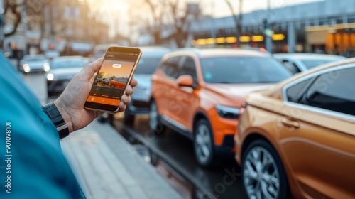 Seamless Travel Hand selecting rental car on carsharing app amidst bustling cars convenience choice and adventure at your fingertips