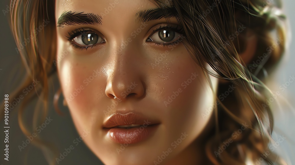 A close-up portrait of a young woman with long brown hair and blue eyes. A close-up portrait of a young woman with long brown hair and blue eyes.