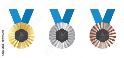 Olympic medal. gold silver and bronze medal with ribbon. paris olympic 2024 medal icon set. transparent png and vector illustration.
