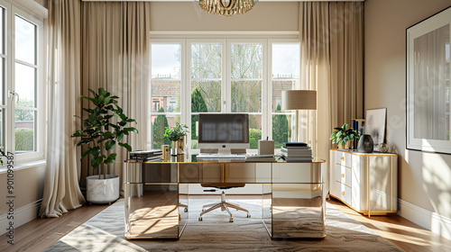 A stylish home office with a mirrored desk  reflecting light and creating a bright  modern workspace that feels open and airy.