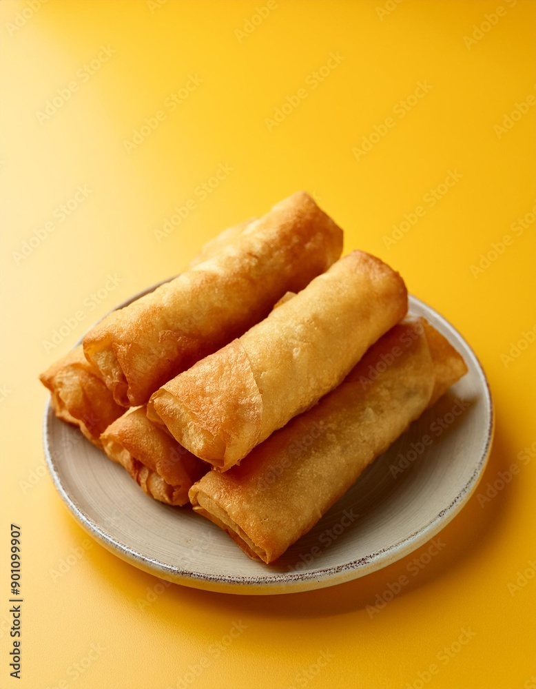 Turkish deep fried cigar shaped spring rolls, sigara borek on yellow background Turkish deep fried cigar shaped spring rolls, sigara borek on yellow background