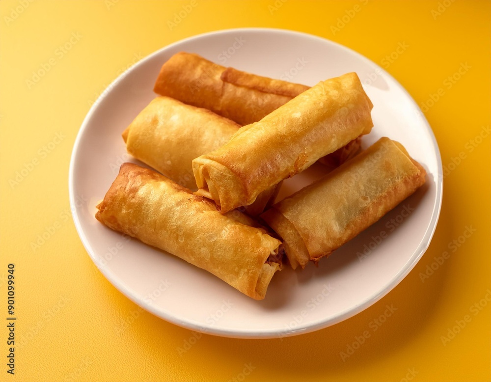 Turkish deep fried cigar shaped spring rolls, sigara borek on yellow background Turkish deep fried cigar shaped spring rolls, sigara borek on yellow background