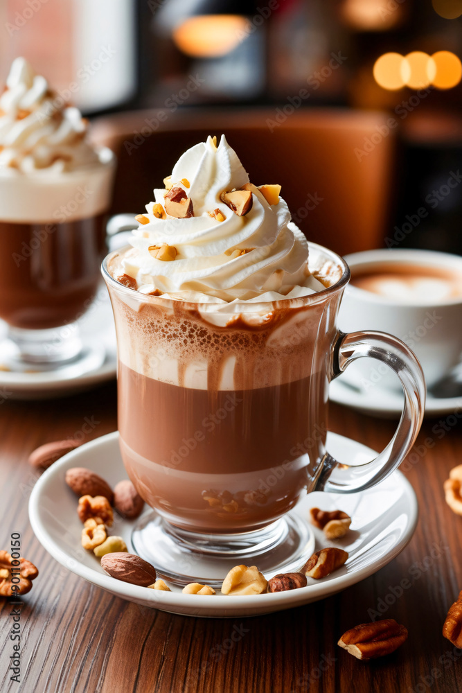 Cold coffee in a glass cup with whipped cream and coffee seed chocolate concept Cold coffee in a glass cup with whipped cream and coffee seed chocolate concept