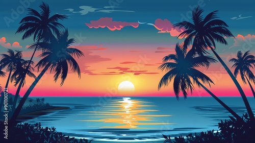 Wallpaper Mural A colorful cartoon illustration of a tropical sunset with palm trees. Torontodigital.ca