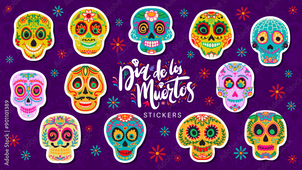 Mexican day of the dead calavera sugar skull stickers. Cartoon vector patches set of Dia de los muertos holiday craniums with flowers and floral pattern. Adhesive calaca heads traditional Mexico decor Mexican day of the dead calavera sugar skull stickers. Cartoon vector patches set of Dia de los muertos holiday craniums with flowers and floral pattern. Adhesive calaca heads traditional Mexico decor