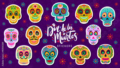 Mexican day of the dead calavera sugar skull stickers. Cartoon vector patches set of Dia de los muertos holiday craniums with flowers and floral pattern. Adhesive calaca heads traditional Mexico decor