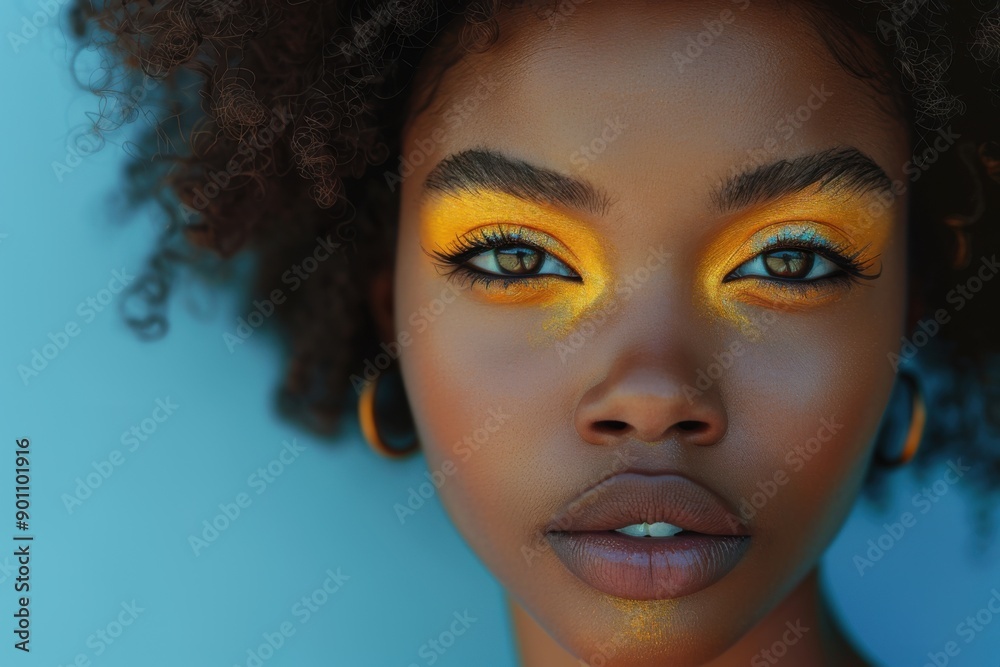 Black woman with colorful eye makeup standing against blue backdrop. Black woman with colorful eye makeup standing against blue backdrop.