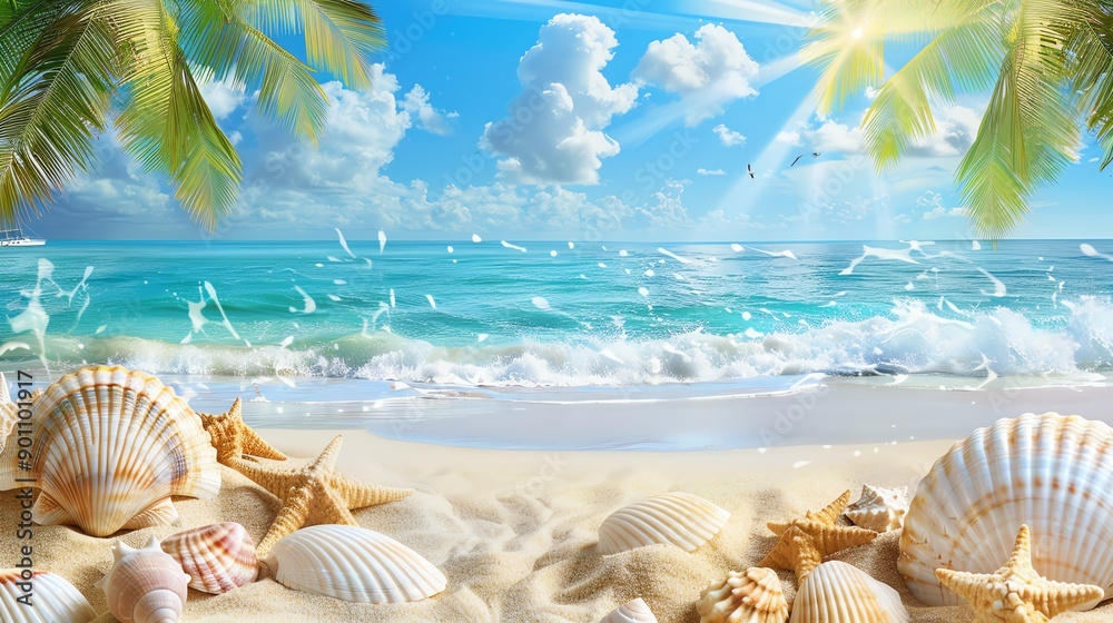 A beautiful tropical beach scene with palm trees, blue ocean, and seashells. A beautiful tropical beach scene with palm trees, blue ocean, and seashells.