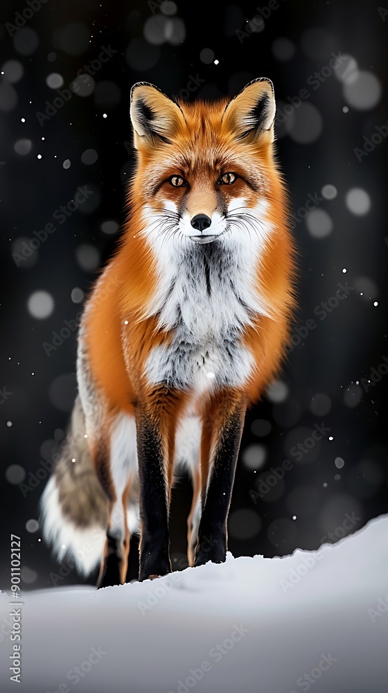 Obraz premium hyper realistic orange fox standing in the snow, black background, glowing blue eyes, snowflakes falling, full body portrait, bright white fur with grey accents on the chest and tail, black sky with