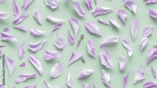 a seamless pattern of scattered lavender petals on a soft green background. closeup texture of soft petals in various angles and positions.