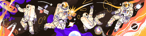 Astronauts flying in outer space horizontal banner. Spacemen are in cosmos. Cosmonauts' flight in outerspace. People in spacesuits, helmets spacewalk between planets, stars. Flat vector illustration