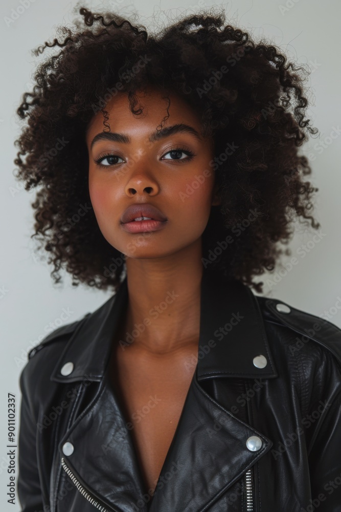 Black woman in black leather jacket looking confidently at camera. Black woman in black leather jacket looking confidently at camera.