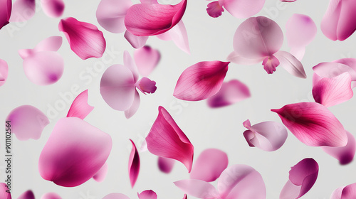 Wallpaper Mural a seamless pattern of scattered orchid petals on a soft gray background. closeup texture of soft petals in various angles and positions, aesthetic, gentle atmosphere. Torontodigital.ca