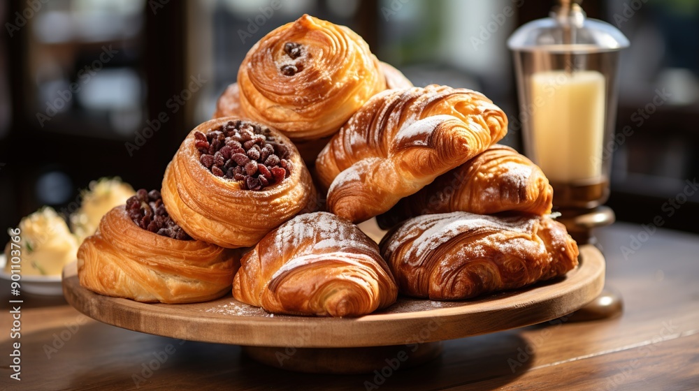 A Stack of Freshly Baked Croissants and Pastries on a Wooden Platter A Stack of Freshly Baked Croissants and Pastries on a Wooden Platter