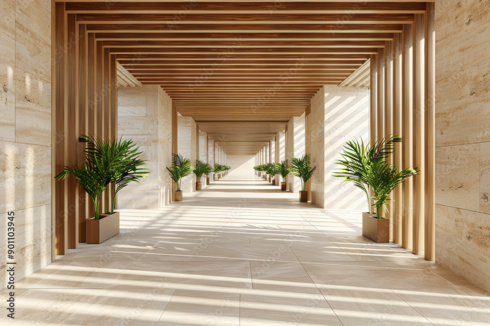 Modern hotel corridor with wooden beams and white walls, beige terracotta pots with olive trees, soft daylight. Modern hotel corridor with wooden beams and white walls, beige terracotta pots with olive trees, soft daylight.