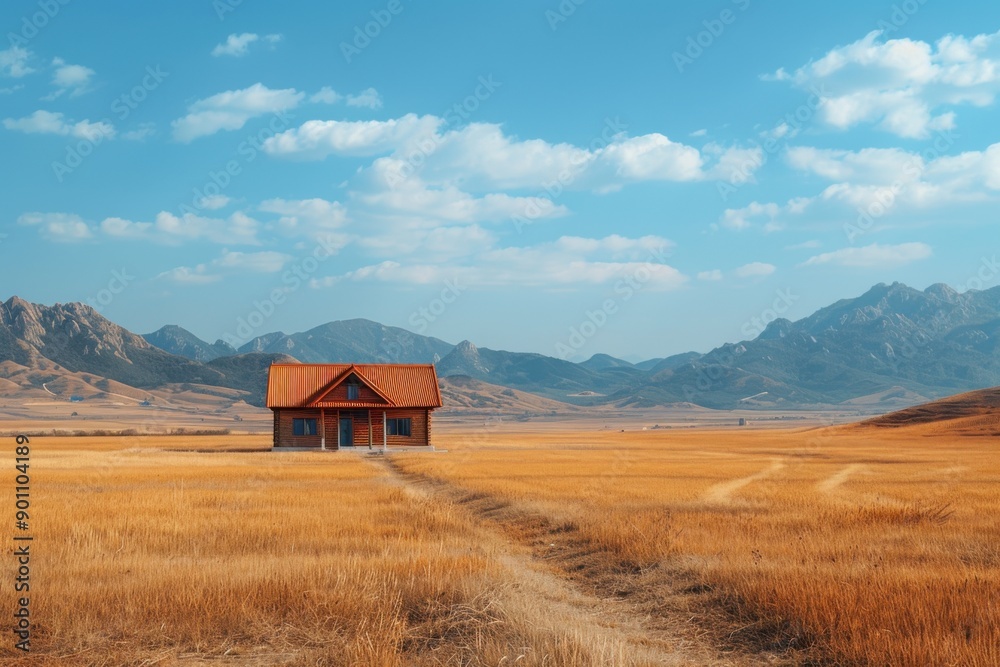 Rustic house standing alone in expansive dry yellow fields Rustic house standing alone in expansive dry yellow fields