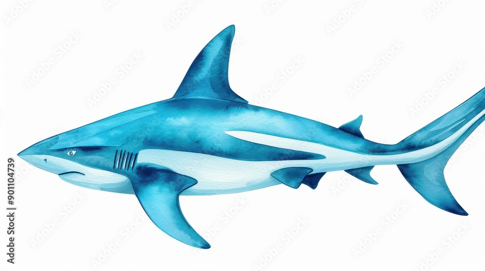 Obraz premium Vivid handdrawn blacktip reef shark, showcasing its grace in watercolor against a clean white backdrop, perfect for marine art lovers.
