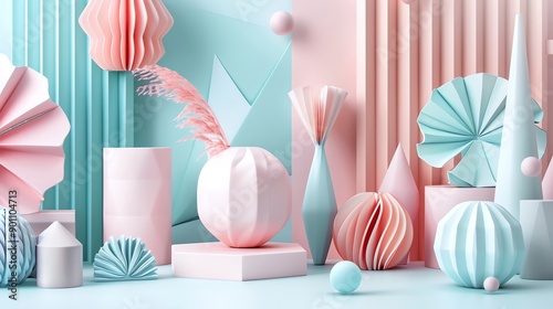 An abstract scene with pastel colored geometric shapes and a plume of feathers.