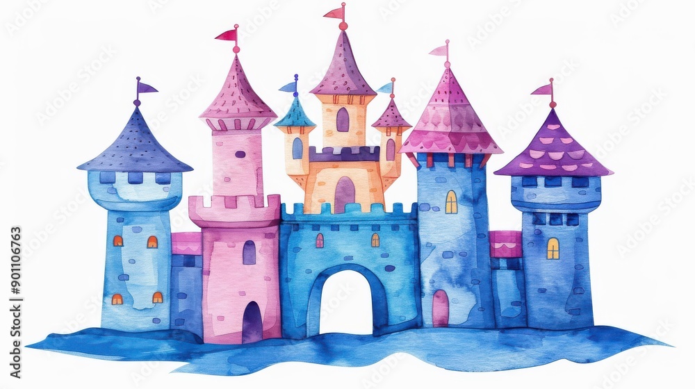 Obraz premium Delightful watercolor castle brings magic to life. Perfect wall decor for a childs room, evoking fairytale dreams.