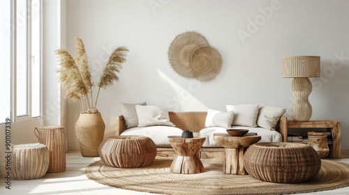 Wall interior mockup with rattan furniture