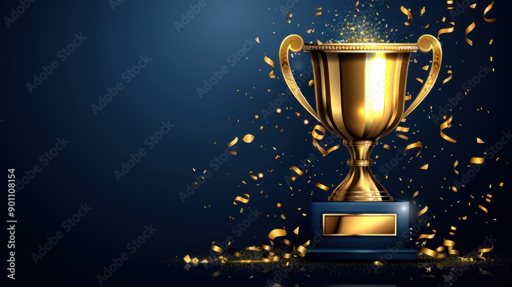 Golden trophy with sparkling confetti on a dark background, symbolizing victory, achievement, and success. Golden trophy with sparkling confetti on a dark background, symbolizing victory, achievement, and success.