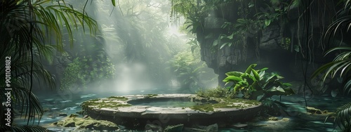 Epic shot of an ancient stone altar in the middle of a tropical jungle with water and mist