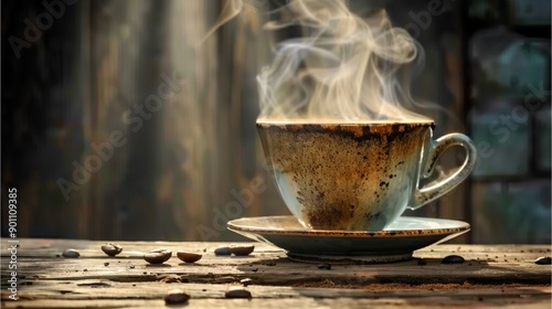 A cup of hot Coffee on a wooden table.