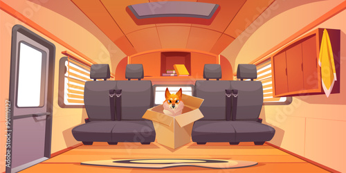 Wild red fox sitting in cardboard box between seats inside of mini bus or camper van room interior with cabinet and hand towel, books on shelf and carpet on floor, windows with blinds and door.