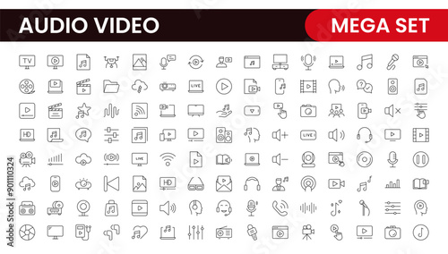 Audio Video Icons Pack. Thin line icons set. Flat icon collection set. Simple outline icons.
