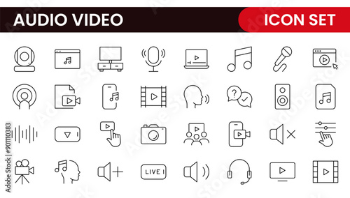 Audio Video Icons Pack. Thin line icons set. Flat icon collection set. Simple outline icons.